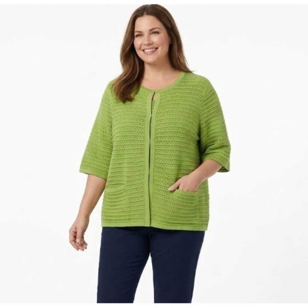 Chico's Green‎ Open Knit Stretch Hook Closure Sweater Cardigan XL/3